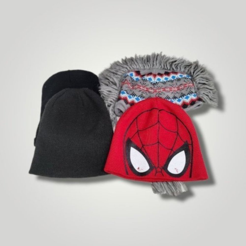 Pack of 4 Child Skull Caps - 2 Black Cap, 1 Red Spider-Man Cap, 1 Multicolor Cap